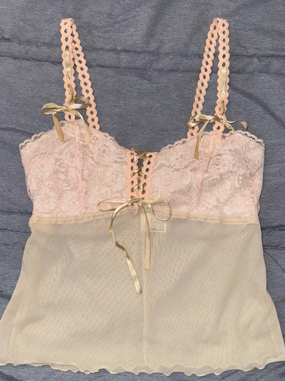 Delicate Pink Lace & Cream Mesh Camisole with Gold Ribbon Accent